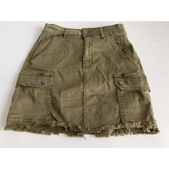 Garage Denim Mini Skirt With Pockets Army Green Women’s Sz XS Raw Hem Stretch - Picture 1 of 11